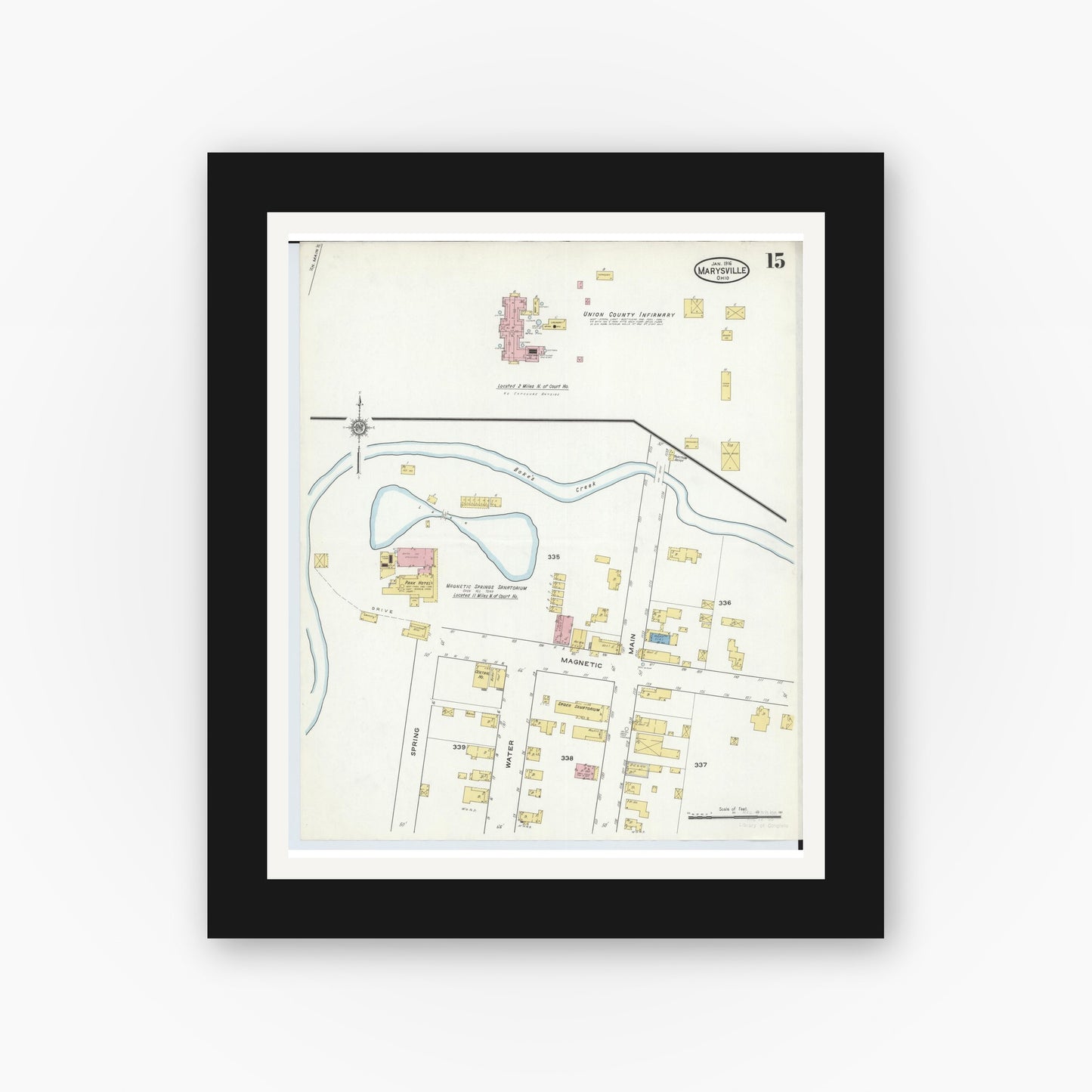 Old map wall art mockup — black gallery frame with white mat — Sanborn Fire Insurance Map from Marysville, Union County, Ohio (1916), Sheet #0015