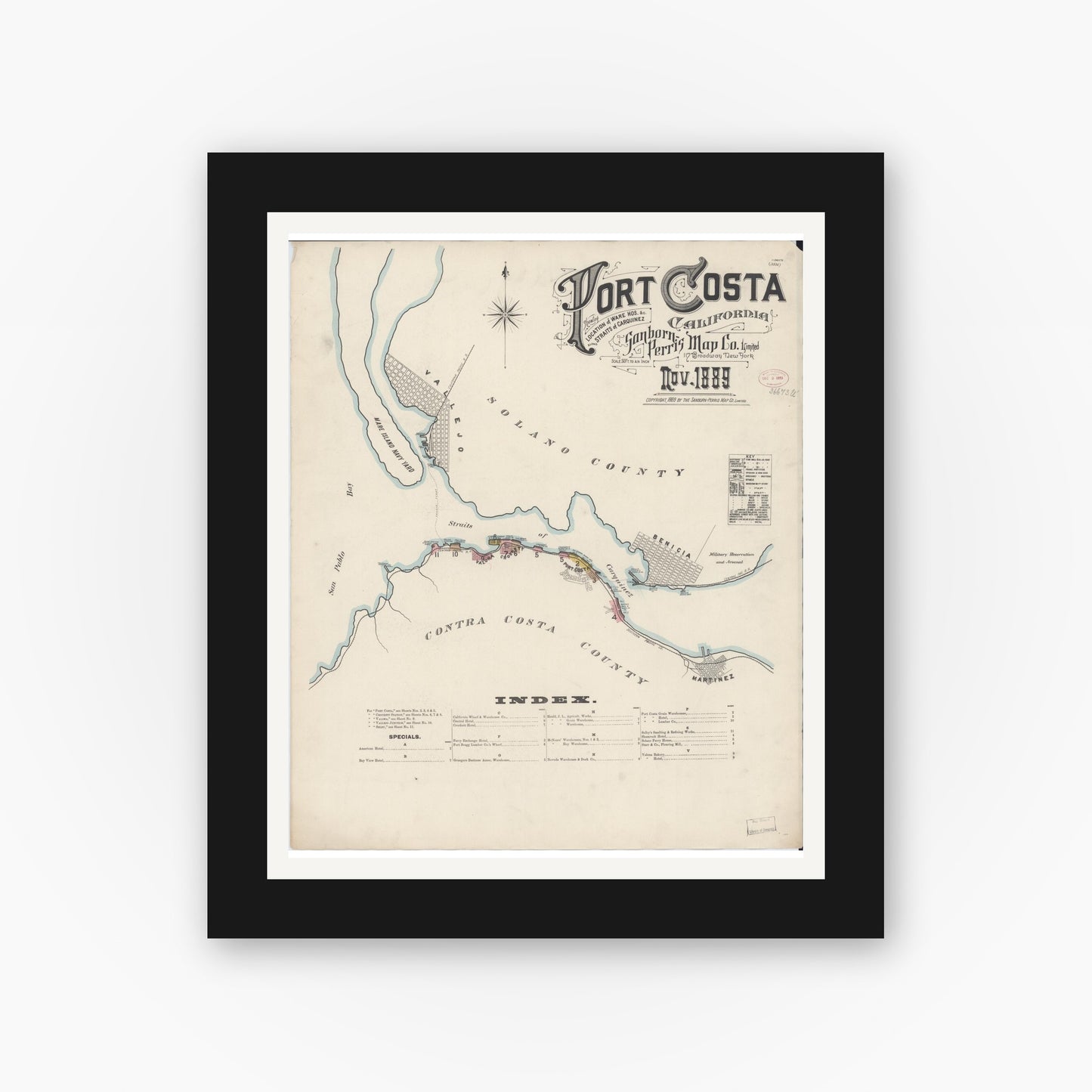 Old map wall art mockup — black gallery frame with white mat — Sanborn Fire Insurance Map from Port Costa, Contra Costa County, California (1889) - Complete Map Set