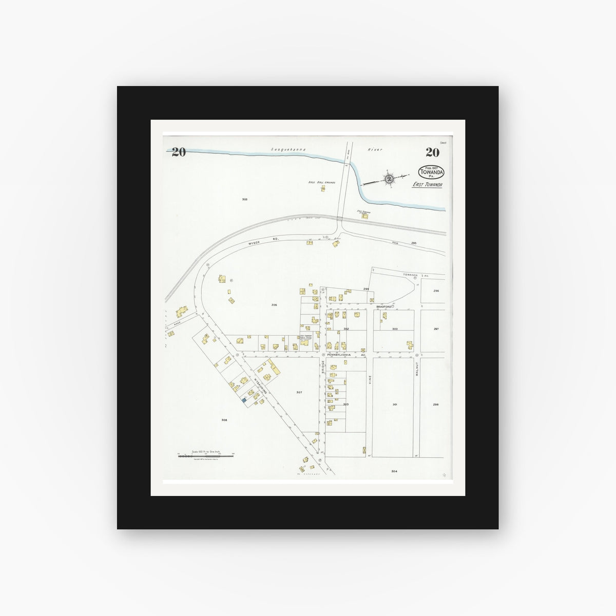 Old map wall art mockup — black gallery frame with white mat — Sanborn Fire Insurance Map from Towanda, Bradford County, Pennsylvania (1927), Sheet #0020