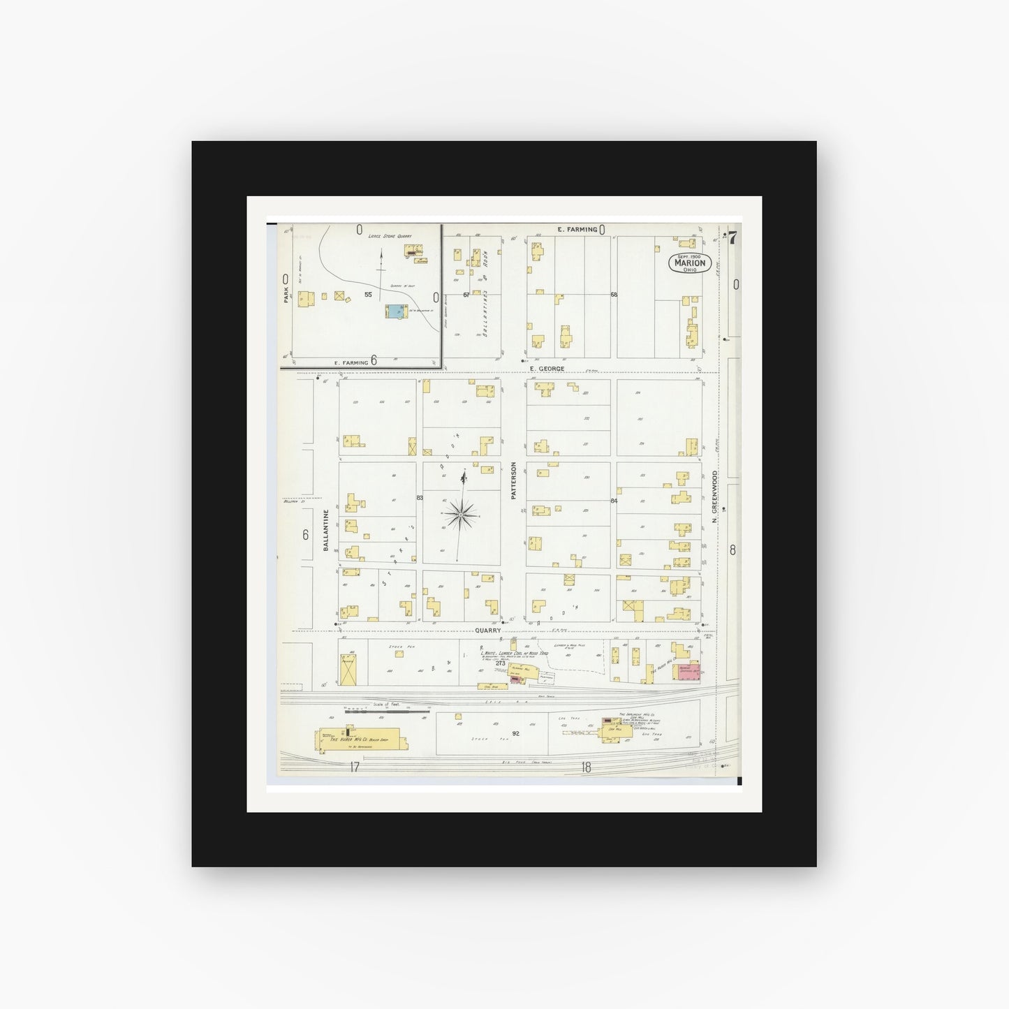 Old map wall art mockup — black gallery frame with white mat — Sanborn Fire Insurance Map from Marion, Marion County, Ohio (1900), Sheet #0007