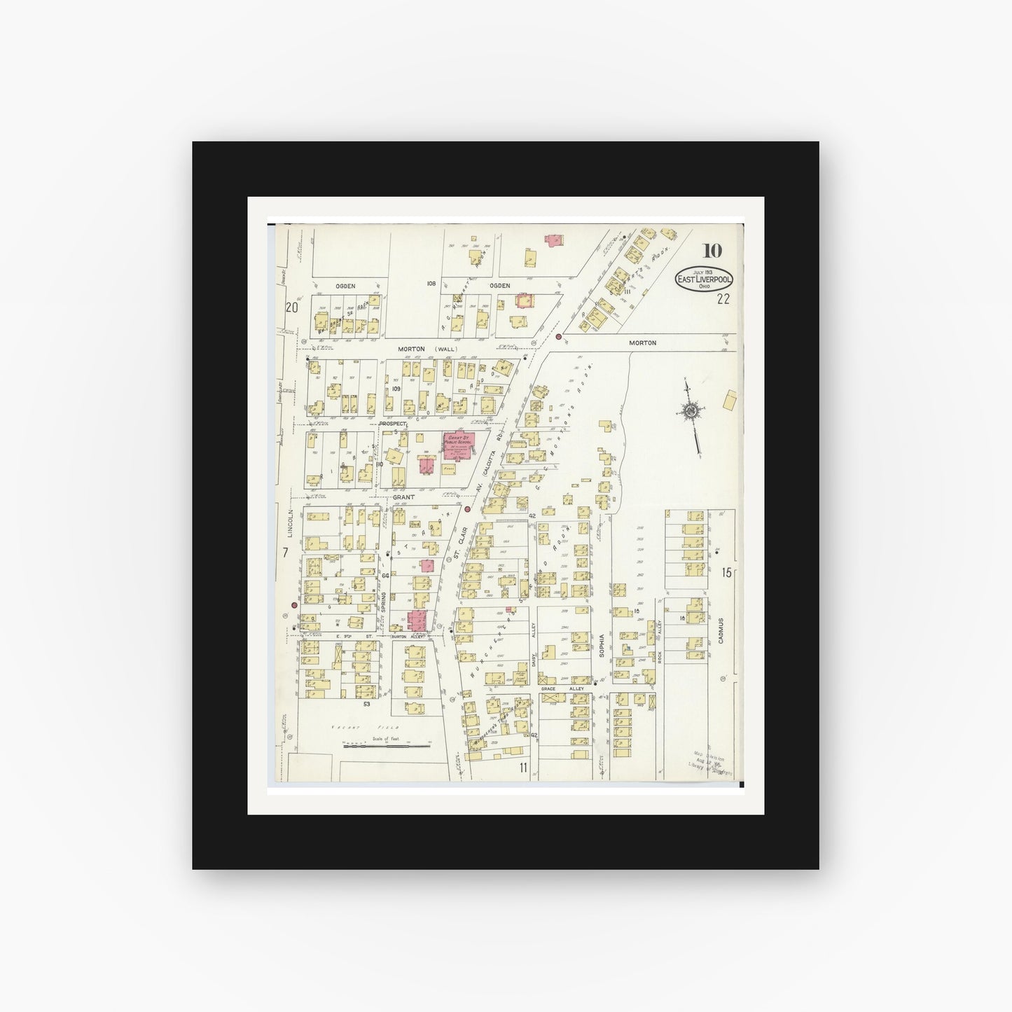 Old map wall art mockup — black gallery frame with white mat — Sanborn Fire Insurance Map from East Liverpool, Columbiana County, Ohio (1913), Sheet #0010