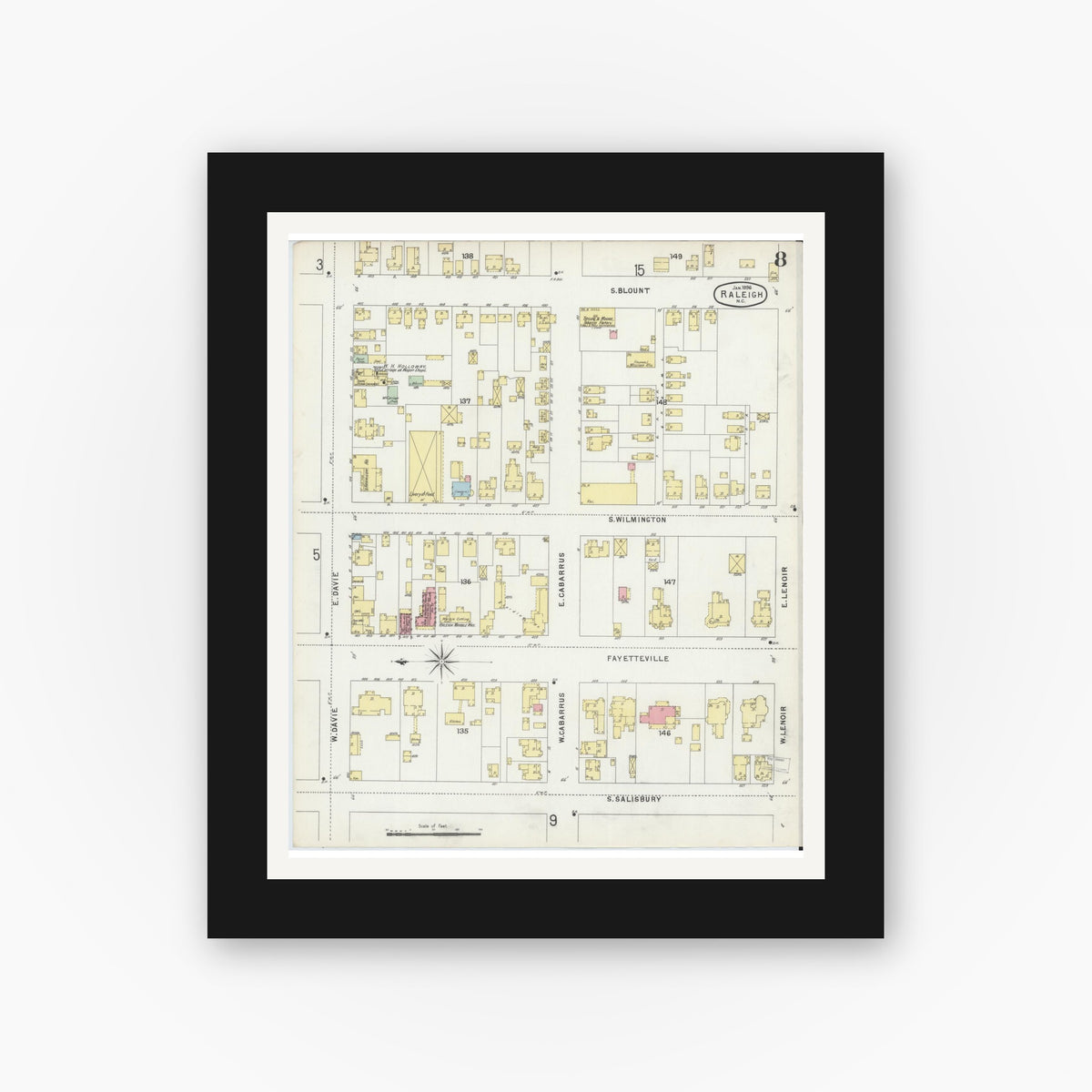 Old map wall art mockup — black gallery frame with white mat — Sanborn Fire Insurance Map from Raleigh, Wake County, North Carolina (1896), Sheet #0008
