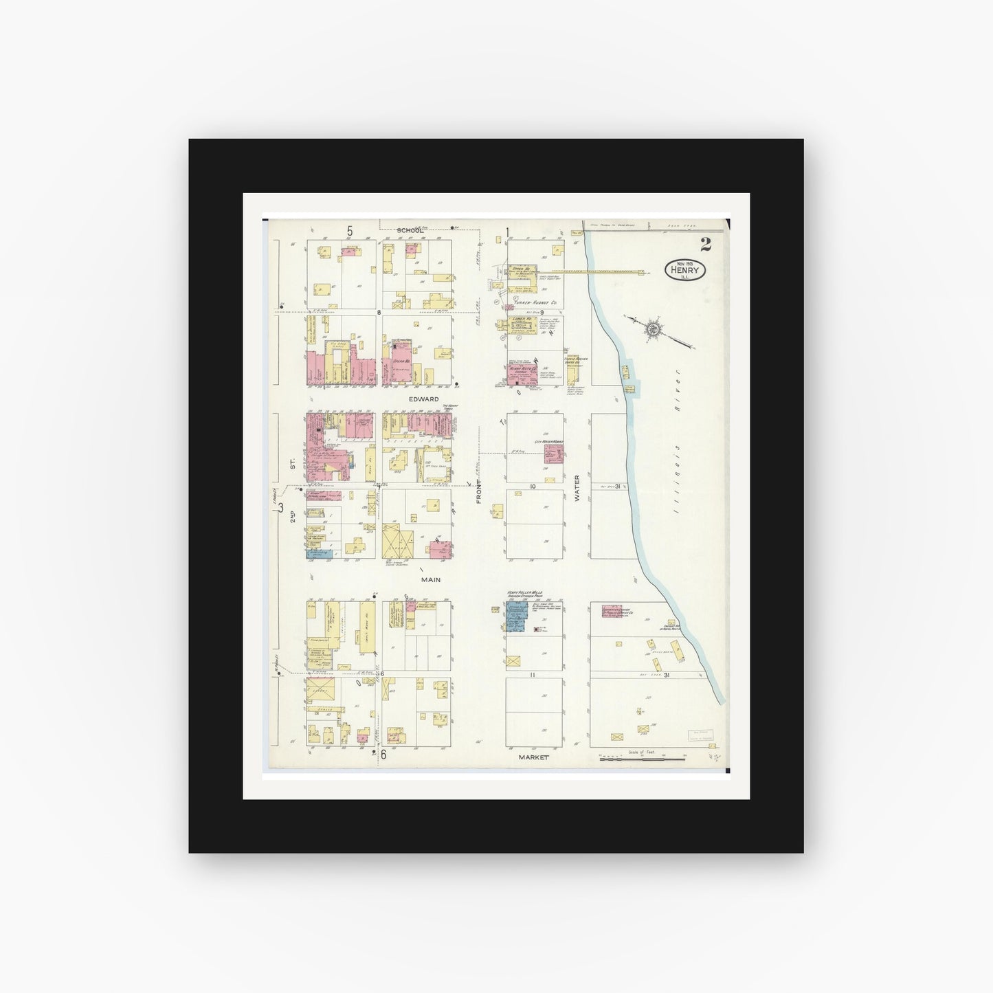 Old map wall art mockup — black gallery frame with white mat — Sanborn Fire Insurance Map from Henry, Marshall County, Illinois (1913), Sheet #0002