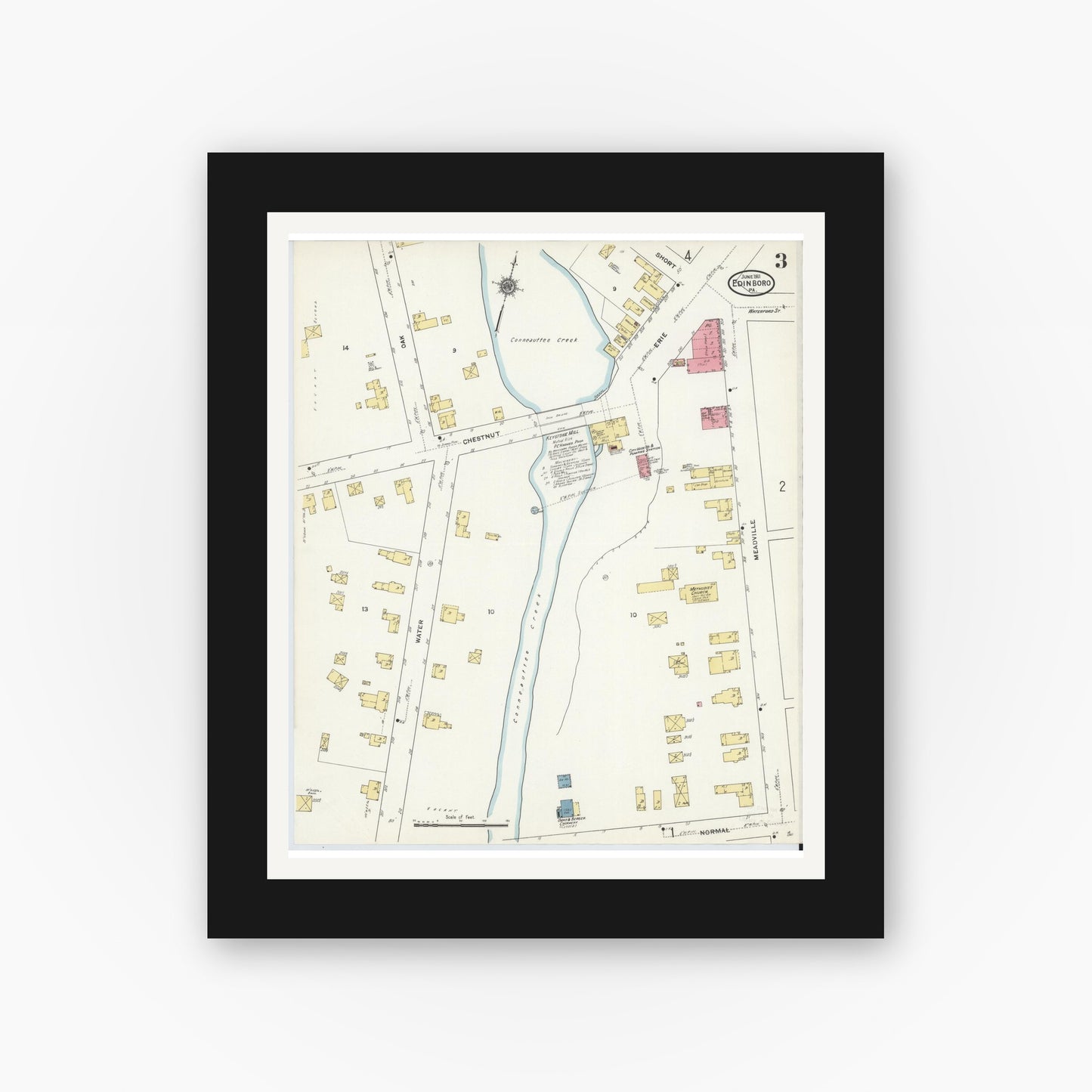 Old map wall art mockup — black gallery frame with white mat — Sanborn Fire Insurance Map from Edinboro, Erie County, Pennsylvania (1911), Sheet #0003