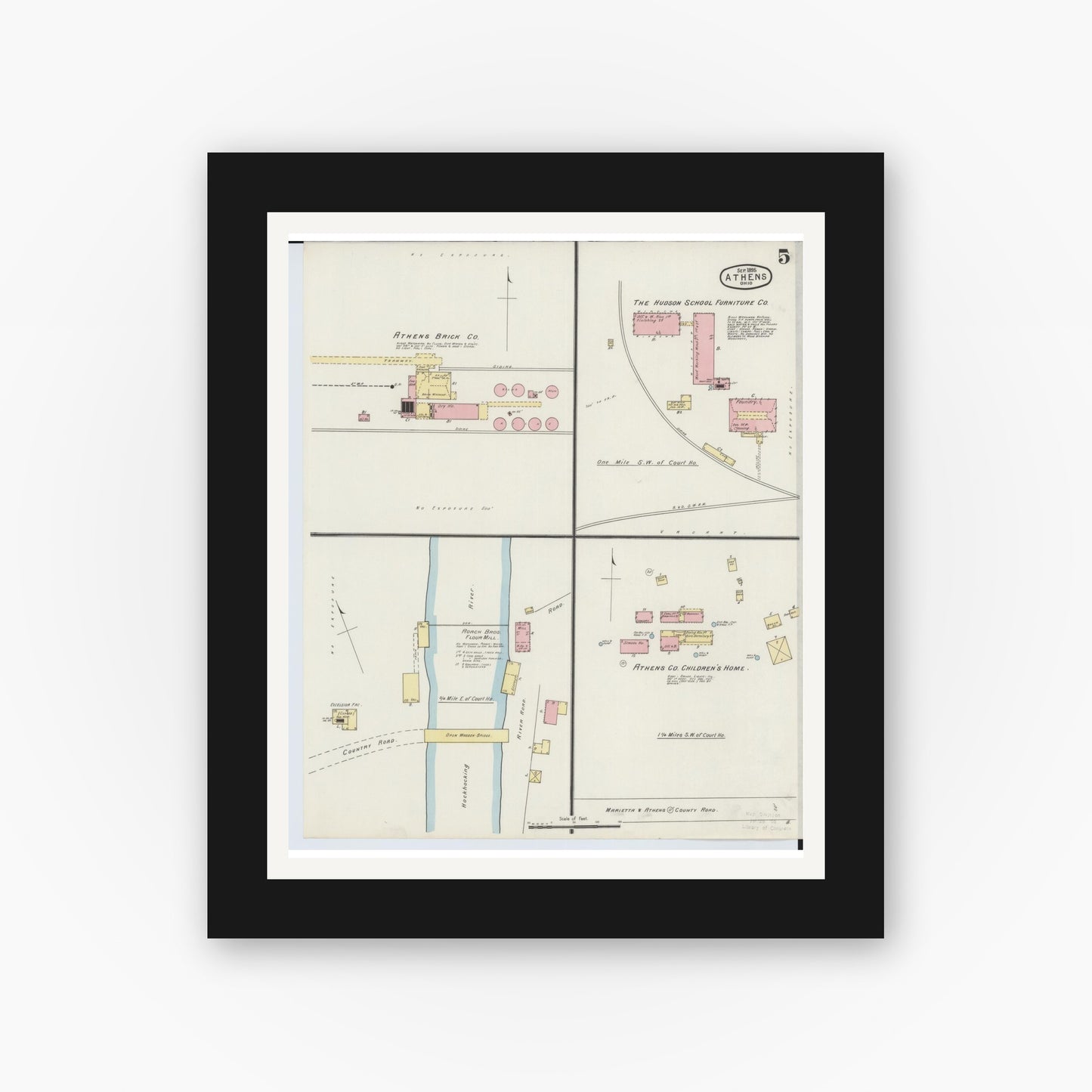 Old map wall art mockup — black gallery frame with white mat — Sanborn Fire Insurance Map from Athens, Athens County, Ohio (1895), Sheet #0005
