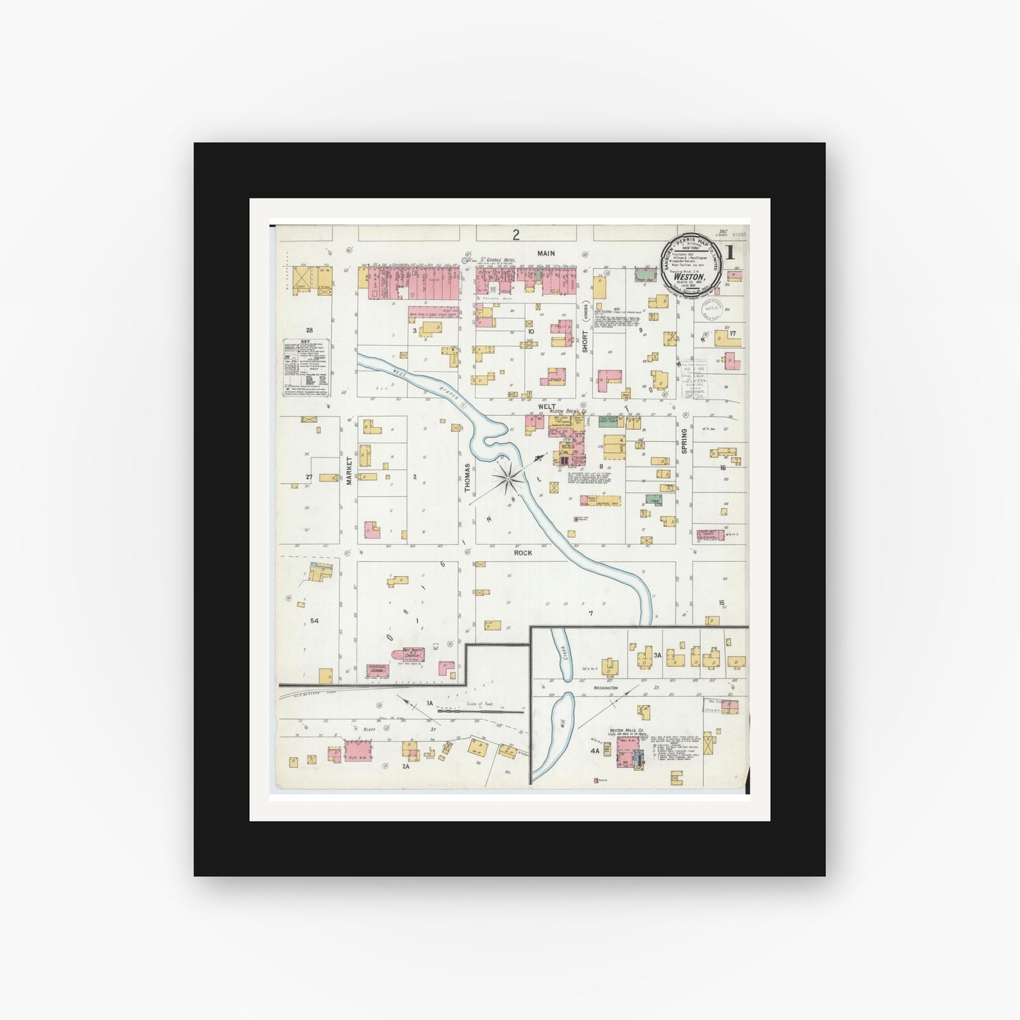 Old map wall art mockup — black gallery frame with white mat — Sanborn Fire Insurance Map from Weston, Platte County, Missouri (1900) - Complete Map Set