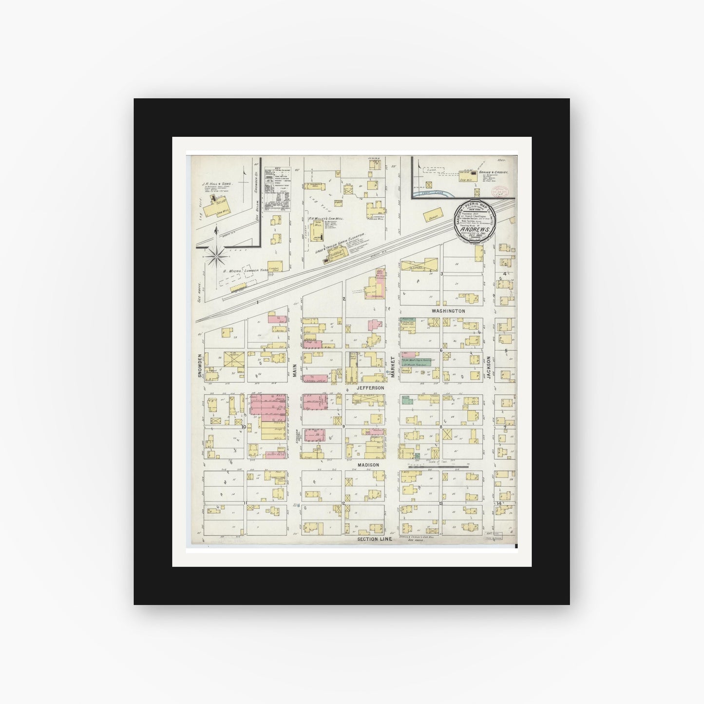 Old map wall art mockup — black gallery frame with white mat — Sanborn Fire Insurance Map from Andrews, Huntington County, Indiana (1895), Sheet #0001