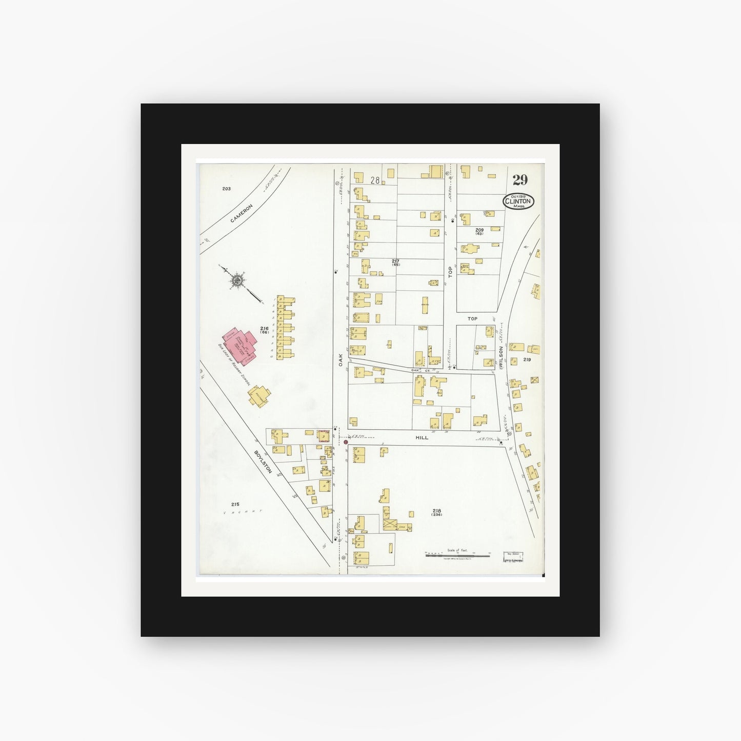 Old map wall art mockup — black gallery frame with white mat — Sanborn Fire Insurance Map from Clinton, Worcester County, Massachusetts (1919), Sheet #0029