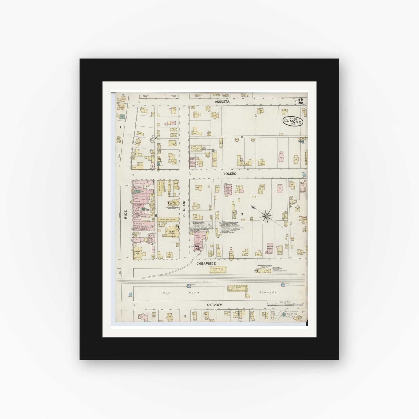 Old map wall art mockup — black gallery frame with white mat — Sanborn Fire Insurance Map from Elmore, Ottawa County, Ohio (1888), Sheet #0002