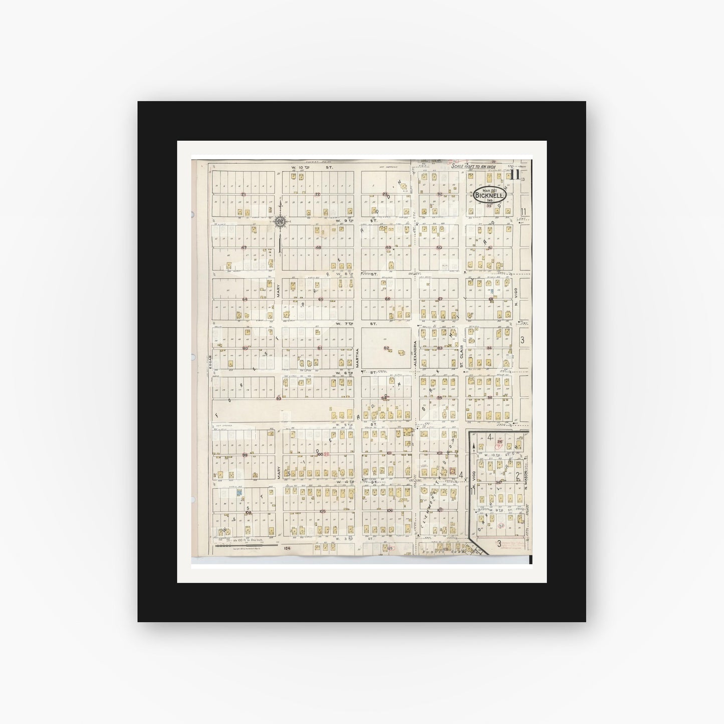 Old map wall art mockup — black gallery frame with white mat — Sanborn Fire Insurance Map from Bicknell, Knox County, Indiana (1946), Sheet #0011