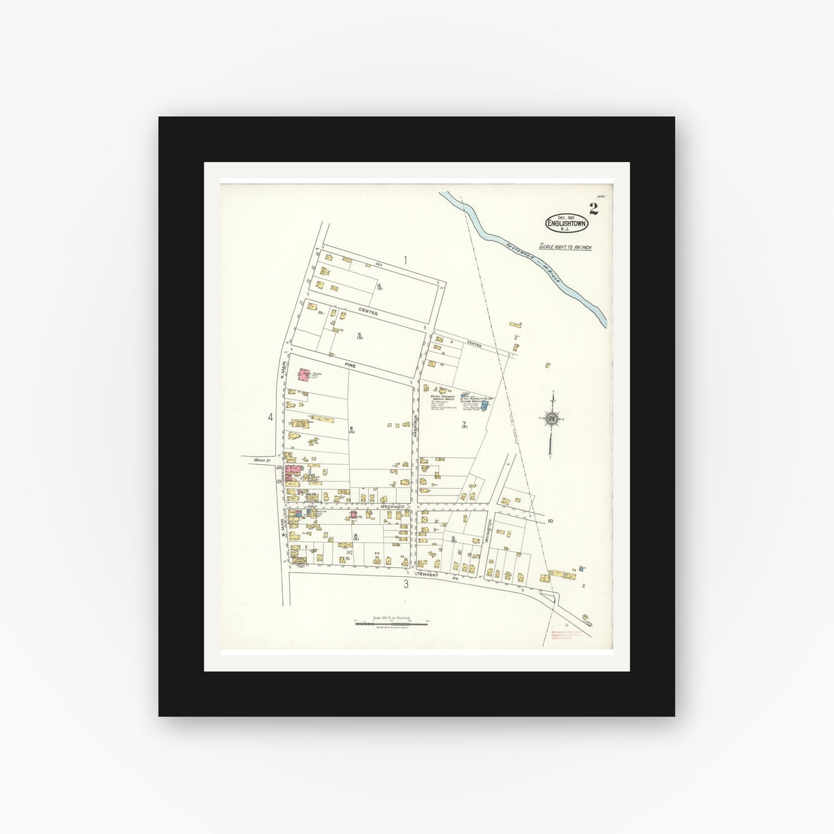 Old map wall art mockup — black gallery frame with white mat — Sanborn Fire Insurance Map from Englishtown, Monmouth County, New Jersey (1921), Sheet #0002