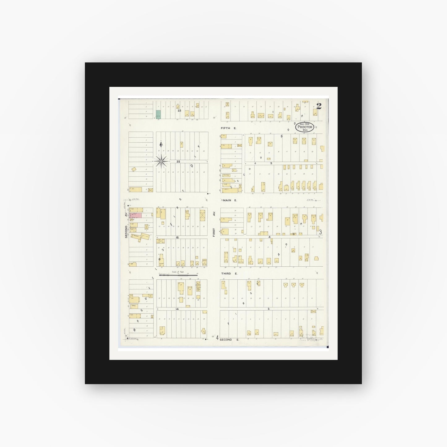 Old map wall art mockup — black gallery frame with white mat — Sanborn Fire Insurance Map from Proctor, Saint Louis County, Minnesota (1908), Sheet #0002