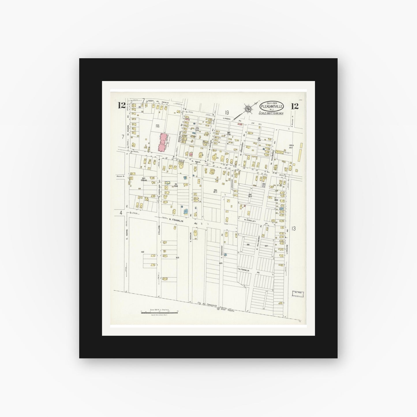 Old map wall art mockup — black gallery frame with white mat — Sanborn Fire Insurance Map from Pleasantville, Atlantic County, New Jersey (1924), Sheet #0012