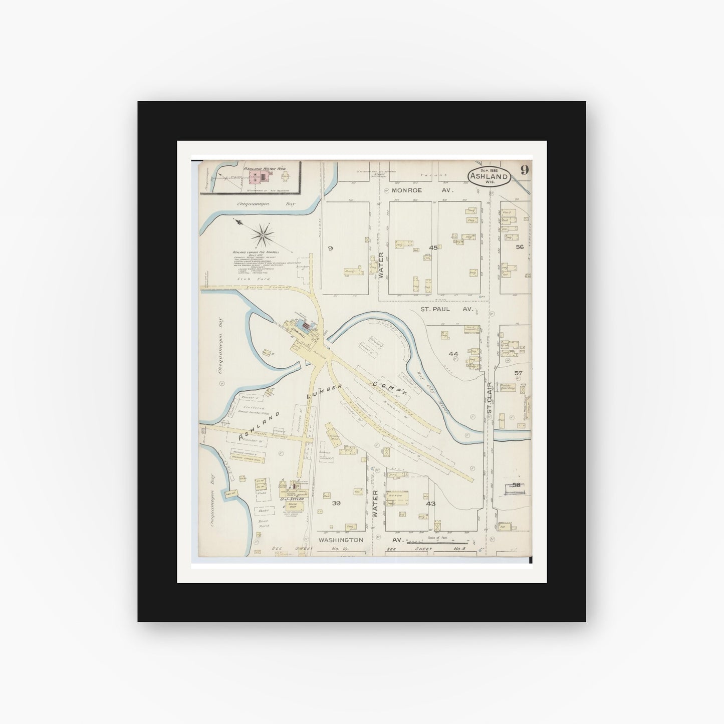 Old map wall art mockup — black gallery frame with white mat — Sanborn Fire Insurance Map from Ashland, Ashland County, Wisconsin (1886), Sheet #0009