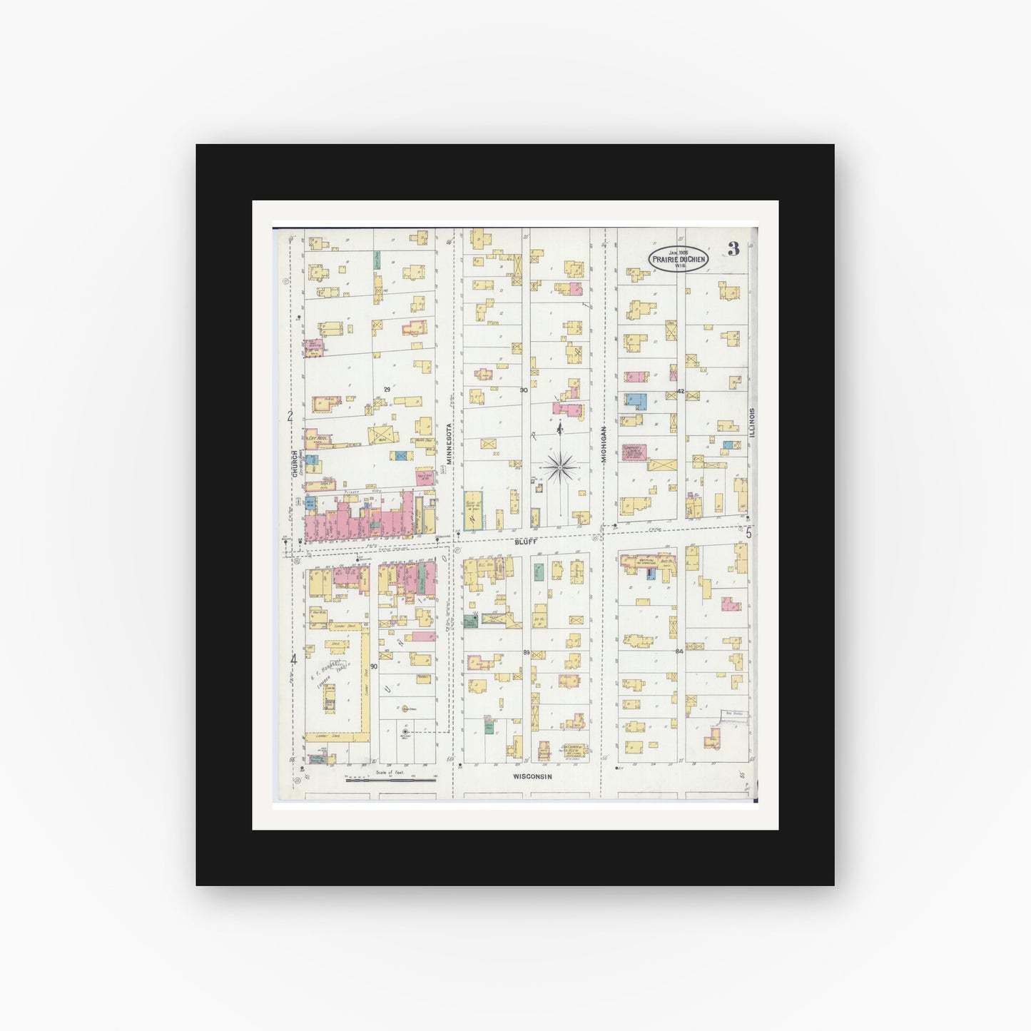 Old map wall art mockup — black gallery frame with white mat — Sanborn Fire Insurance Map from Prairie du Chien, Crawford County, Wisconsin (1905), Sheet #0003