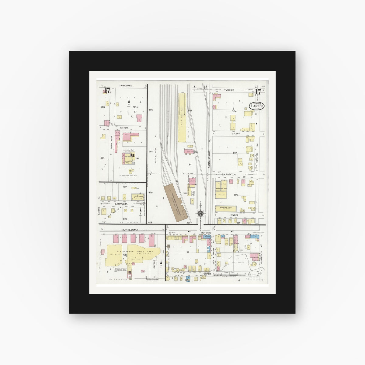 Old map wall art mockup — black gallery frame with white mat — Sanborn Fire Insurance Map from Laredo, Webb County, Texas (1925), Sheet #0017