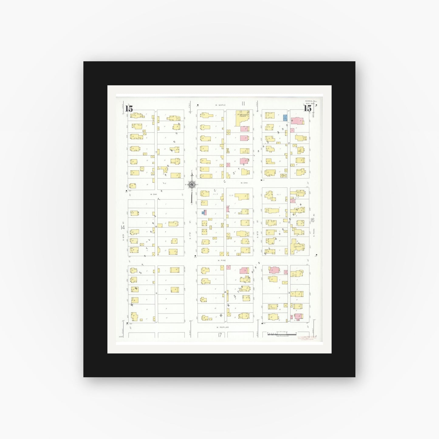 Old map wall art mockup — black gallery frame with white mat — Sanborn Fire Insurance Map from Herrin, Williamson County, Illinois (1941), Sheet #0015