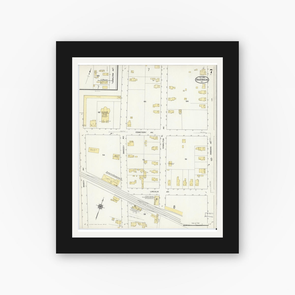 Old map wall art mockup — black gallery frame with white mat — Sanborn Fire Insurance Map from Riverhead, Suffolk County, New York (1909), Sheet #0007