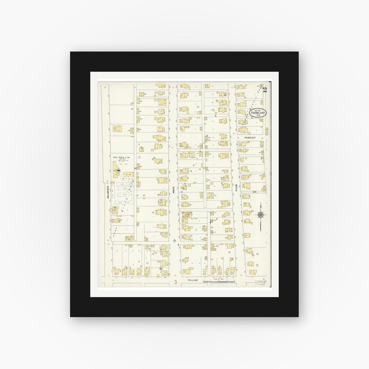 Old map wall art mockup — black gallery frame with white mat — Sanborn Fire Insurance Map from Farmland, Randolph County, Indiana (1911), Sheet #0002