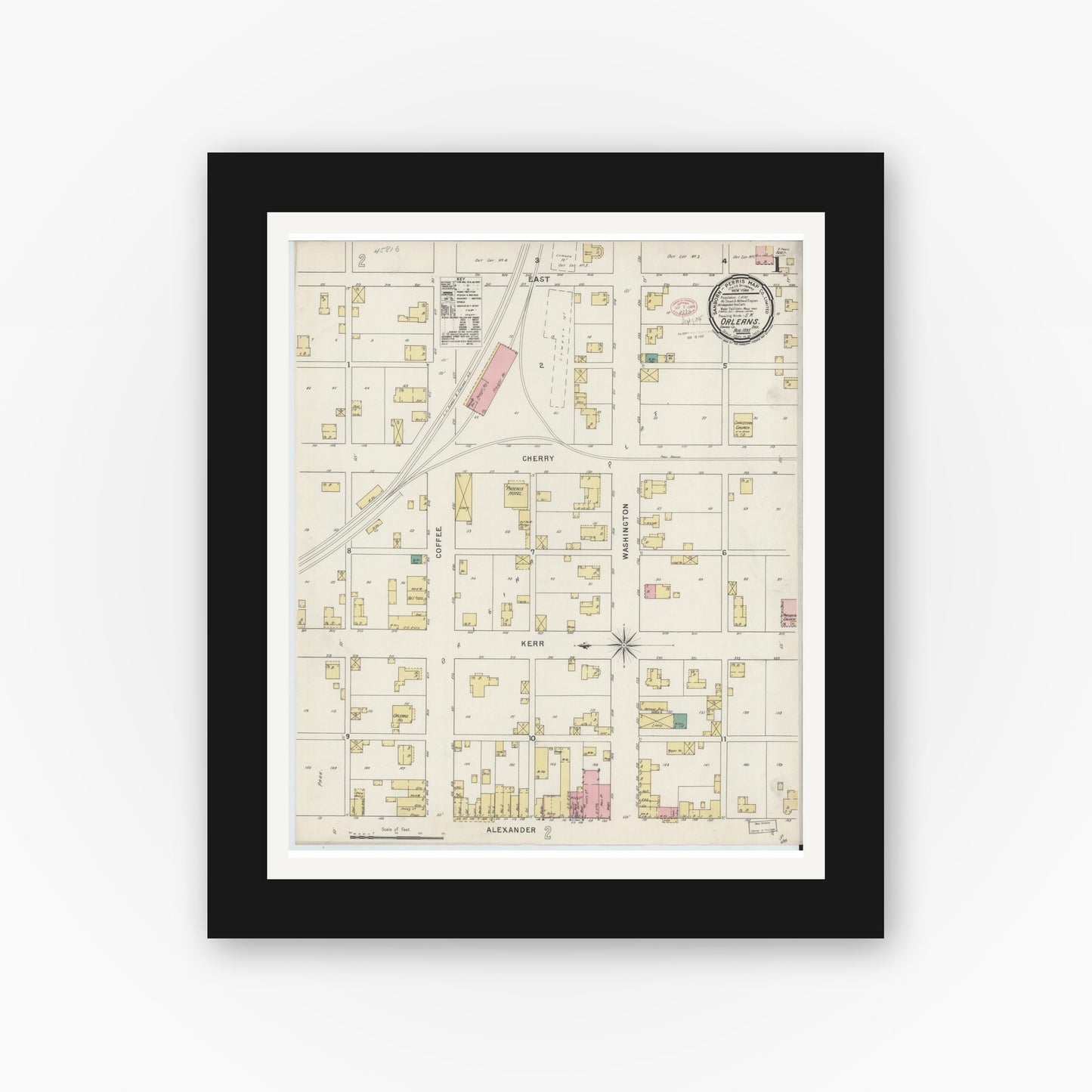 Old map wall art mockup — black gallery frame with white mat — Sanborn Fire Insurance Map from Orleans, Orange County, Indiana (1895) - Complete Map Set