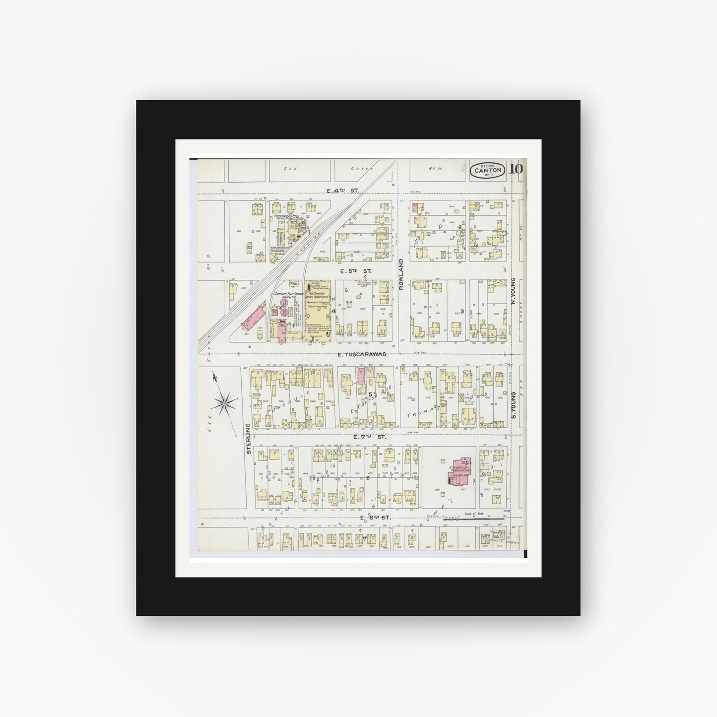 Old map wall art mockup — black gallery frame with white mat — Sanborn Fire Insurance Map from Canton, Stark County, Ohio (1891), Sheet #0010