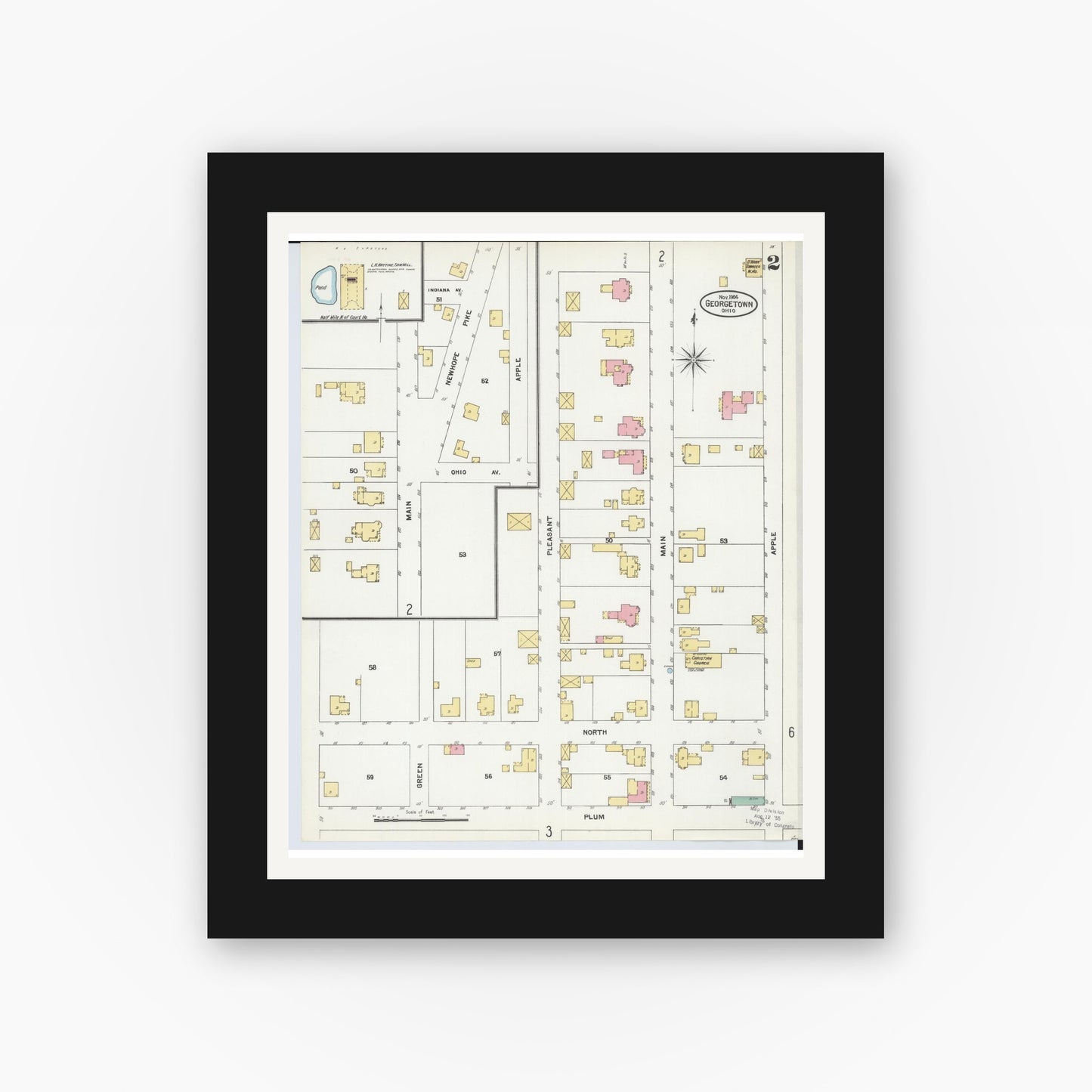 Old map wall art mockup — black gallery frame with white mat — Sanborn Fire Insurance Map from Georgetown, Brown County, Ohio (1904), Sheet #0002