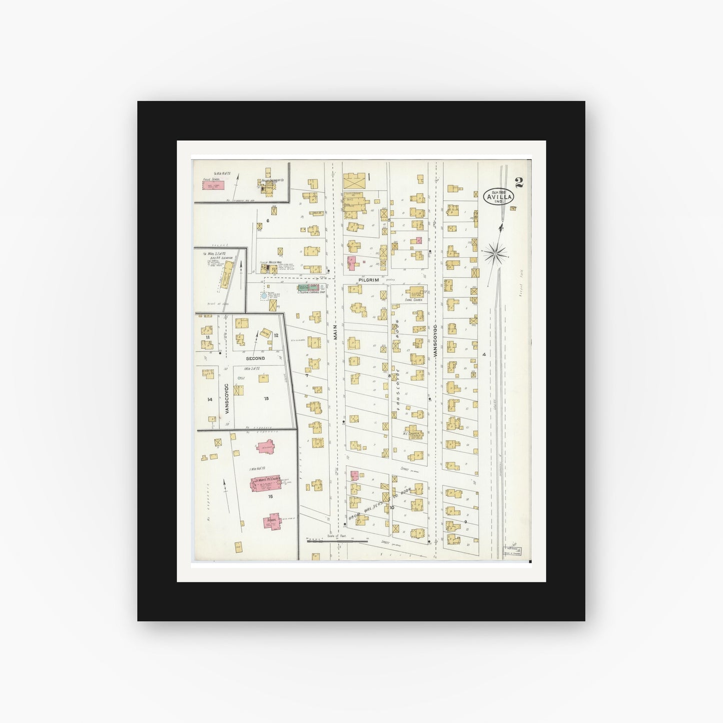 Old map wall art mockup — black gallery frame with white mat — Sanborn Fire Insurance Map from Avilla, Noble County, Indiana (1905), Sheet #0002