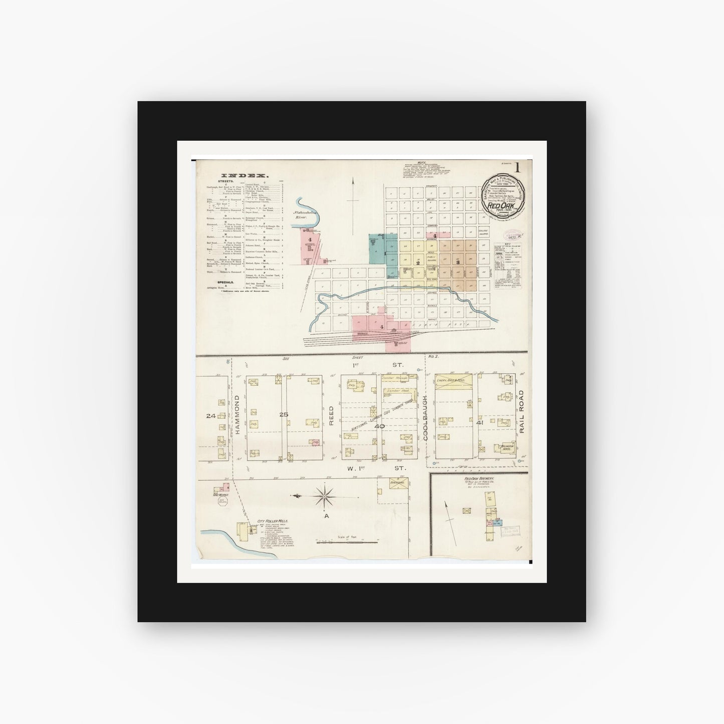 Old map wall art mockup — black gallery frame with white mat — Sanborn Fire Insurance Map from Red Oak, Montgomery County, Iowa (1886), Sheet #0001