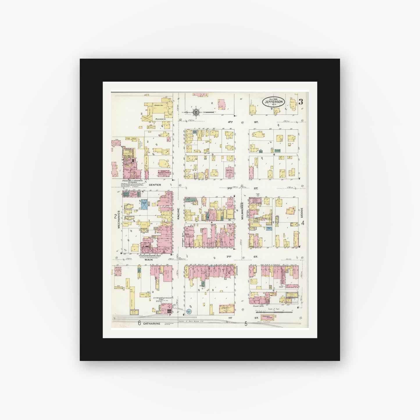 Old map wall art mockup — black gallery frame with white mat — Sanborn Fire Insurance Map from Jefferson, Jefferson County, Wisconsin (1909), Sheet #0003