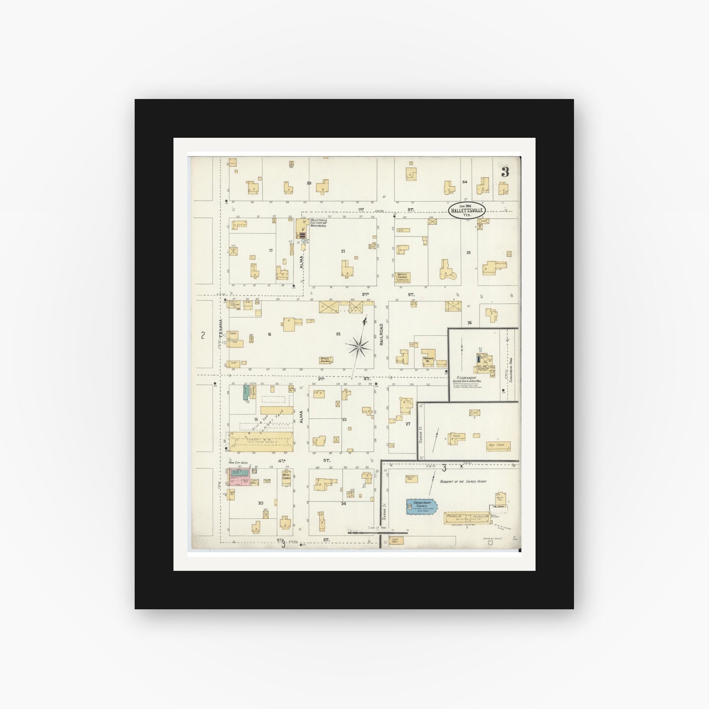 Old map wall art mockup — black gallery frame with white mat — Sanborn Fire Insurance Map from Hallettsville, Lavaca County, Texas (1906), Sheet #0003