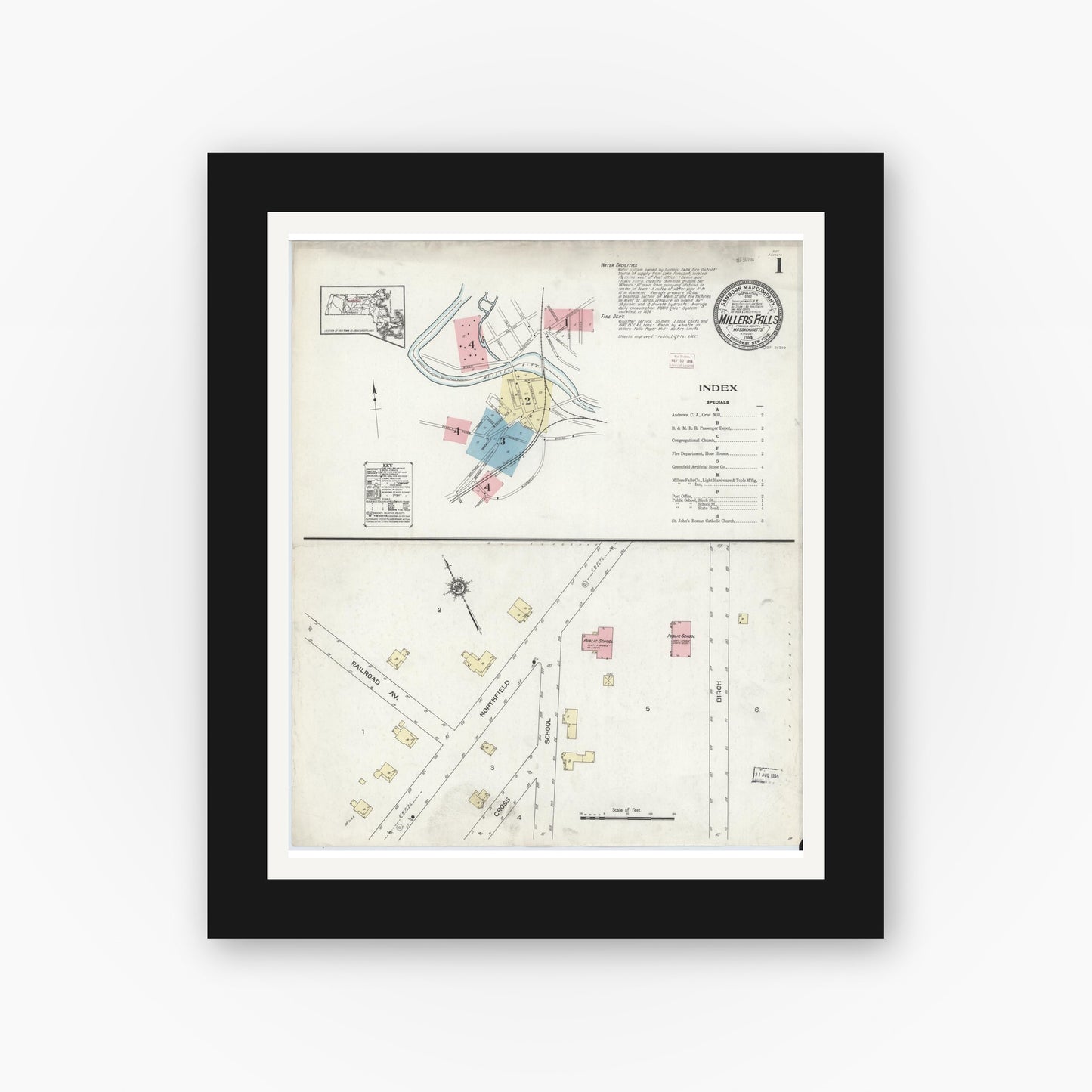 Old map wall art mockup — black gallery frame with white mat — Sanborn Fire Insurance Map from Millers Falls, Franklin County, Massachusetts (1914) - Complete Map Set