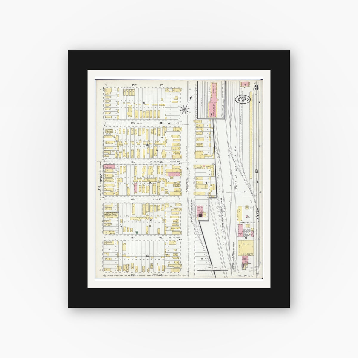 Old map wall art mockup — black gallery frame with white mat — Sanborn Fire Insurance Map from Cairo, Alexander County, Illinois (1901), Sheet #0003