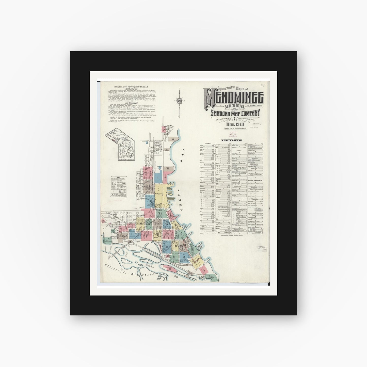 Old map wall art mockup — black gallery frame with white mat — Sanborn Fire Insurance Map from Menominee, Menominee County, Michigan (1913) - Complete Map Set