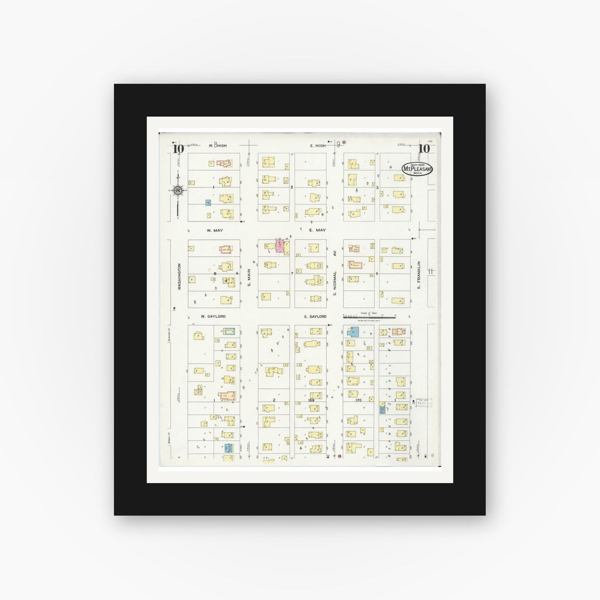 Old map wall art mockup — black gallery frame with white mat — Sanborn Fire Insurance Map from Mount Pleasant, Isabella County, Michigan (1924), Sheet #0010
