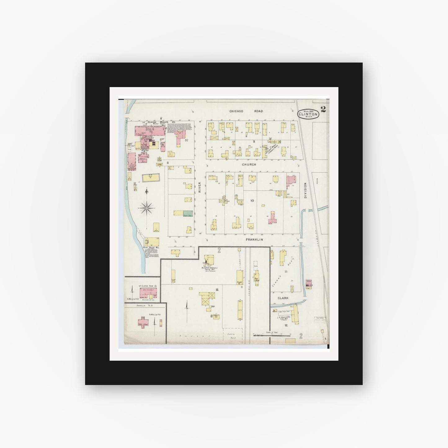 Old map wall art mockup — black gallery frame with white mat — Sanborn Fire Insurance Map from Clinton, Lenawee County, Michigan (1895), Sheet #0002