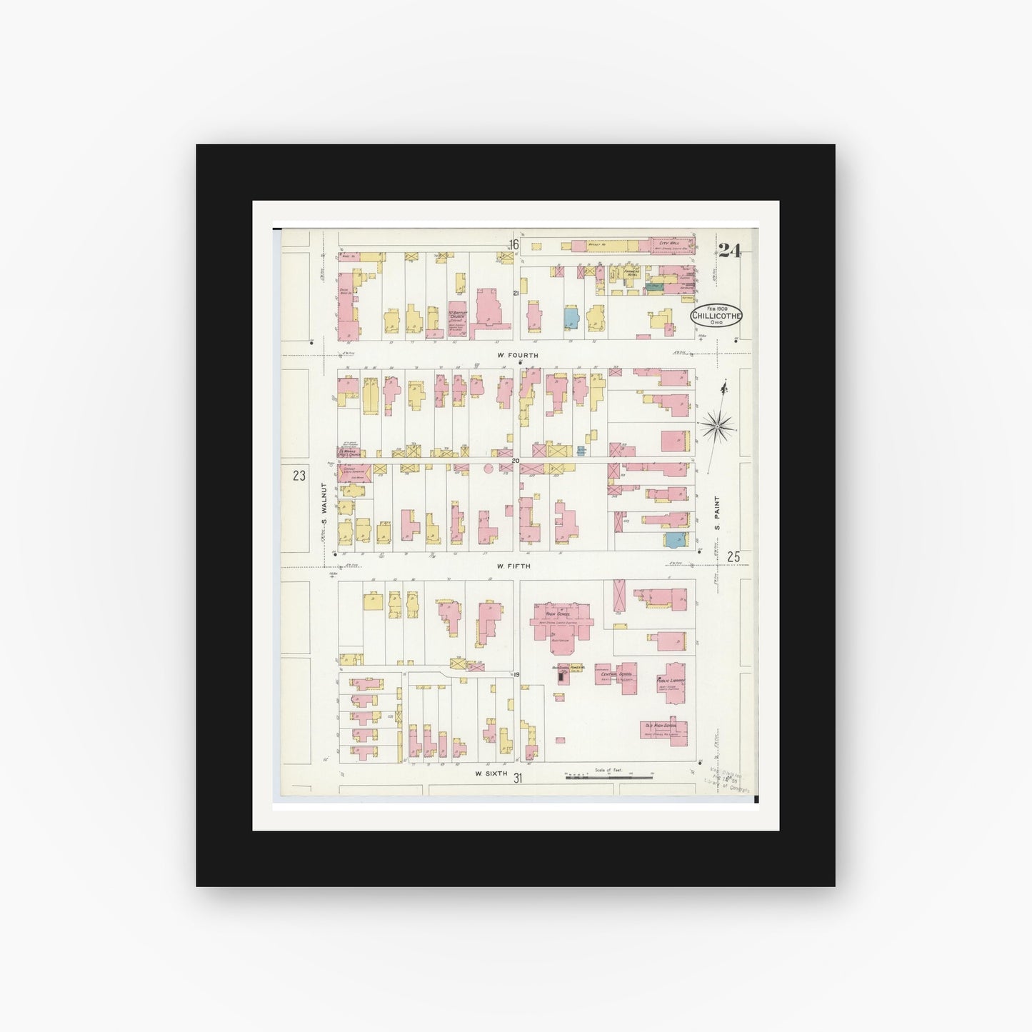 Old map wall art mockup — black gallery frame with white mat — Sanborn Fire Insurance Map from Chillicothe, Ross County, Ohio (1909), Sheet #0024