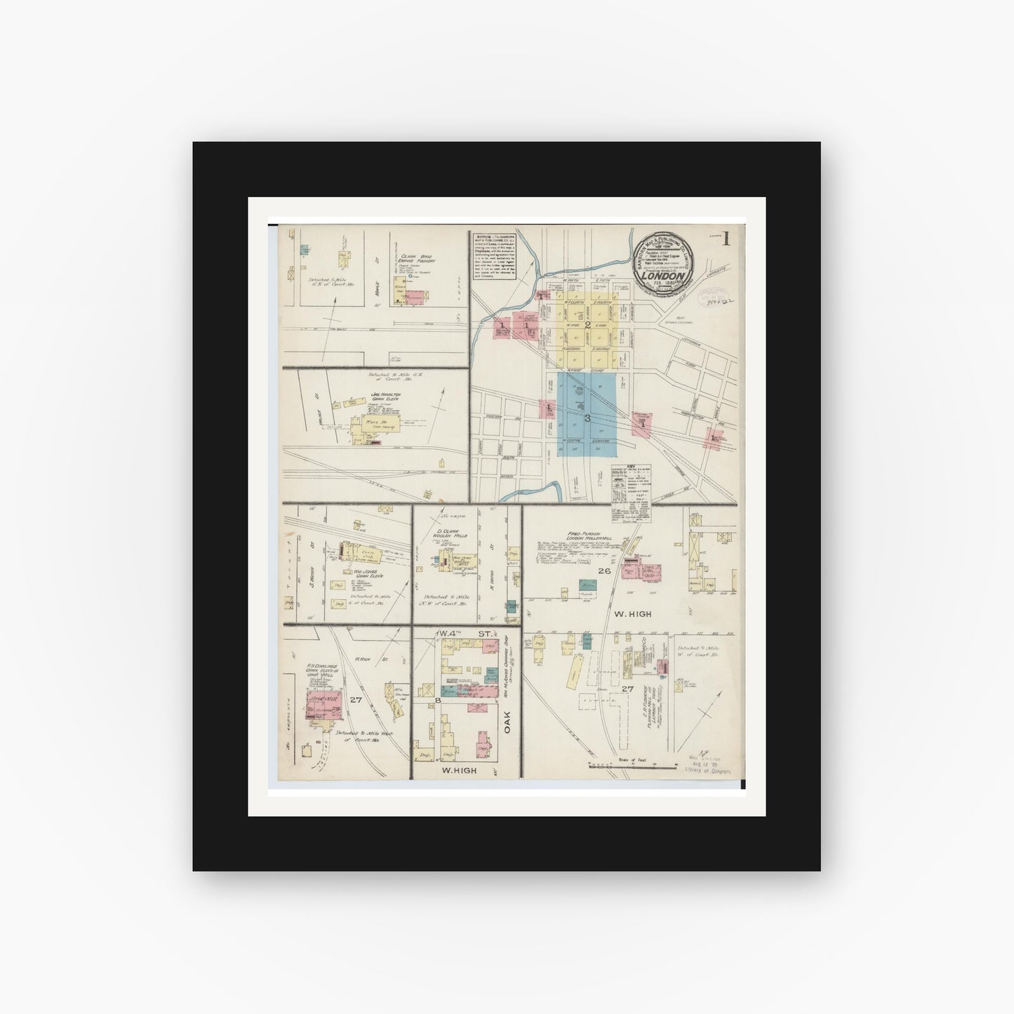 Old map wall art mockup — black gallery frame with white mat — Sanborn Fire Insurance Map from London, Madison County, Ohio (1885), Sheet #0001