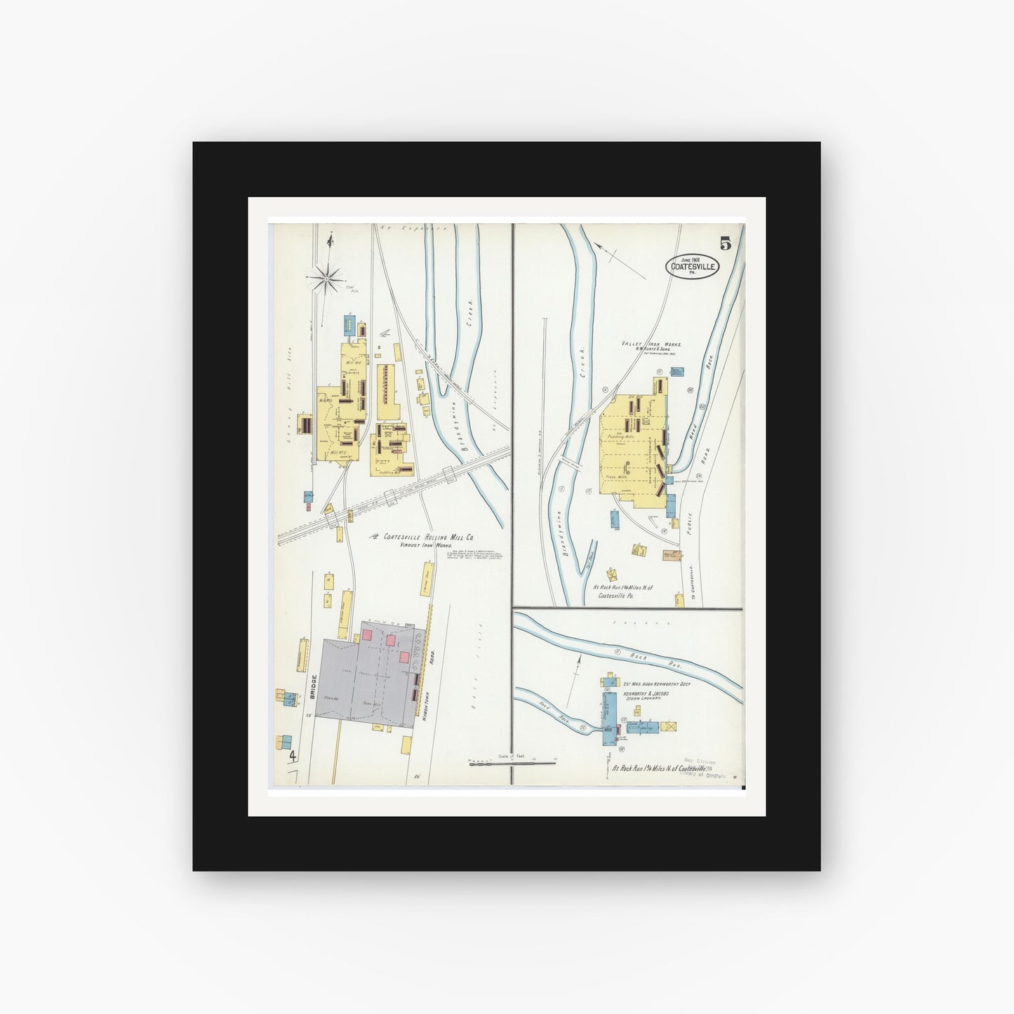 Old map wall art mockup — black gallery frame with white mat — Sanborn Fire Insurance Map from Coatesville, Chester County, Pennsylvania (1902), Sheet #0005