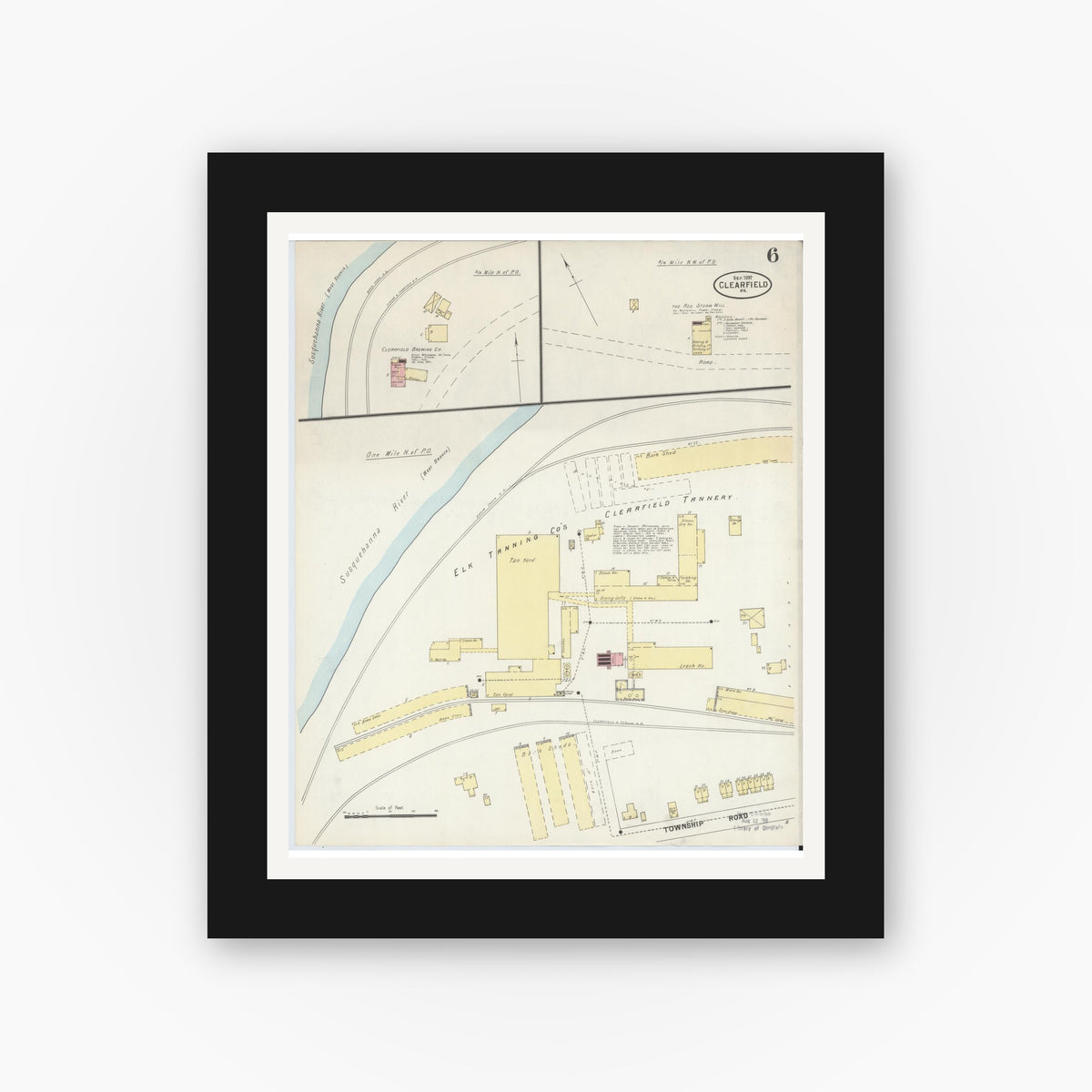 Old map wall art mockup — black gallery frame with white mat — Sanborn Fire Insurance Map from Clearfield, Clearfield County, Pennsylvania (1897), Sheet #0006