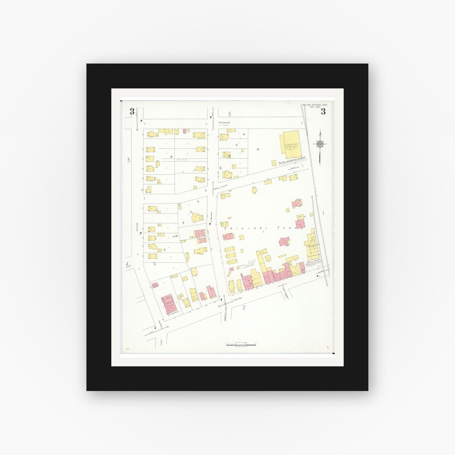 Old map wall art mockup — black gallery frame with white mat — Sanborn Fire Insurance Map from Yellow Springs, Greene County, Ohio (1937), Sheet #0003