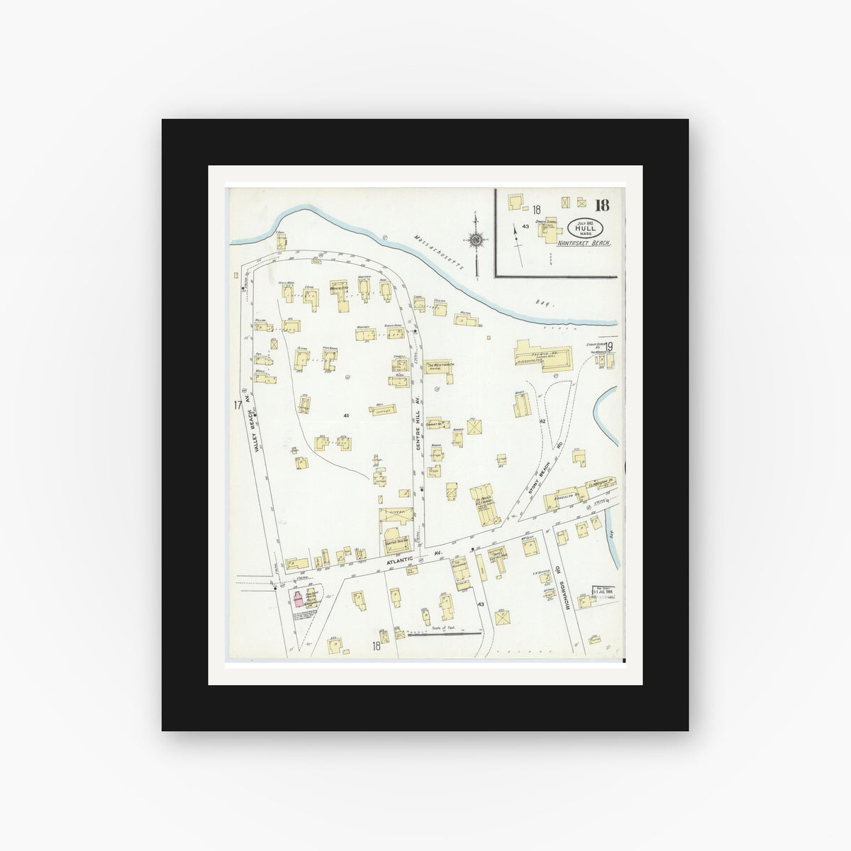 Old map wall art mockup — black gallery frame with white mat — Sanborn Fire Insurance Map from Hull, Plymouth County, Massachusetts (1910), Sheet #0018