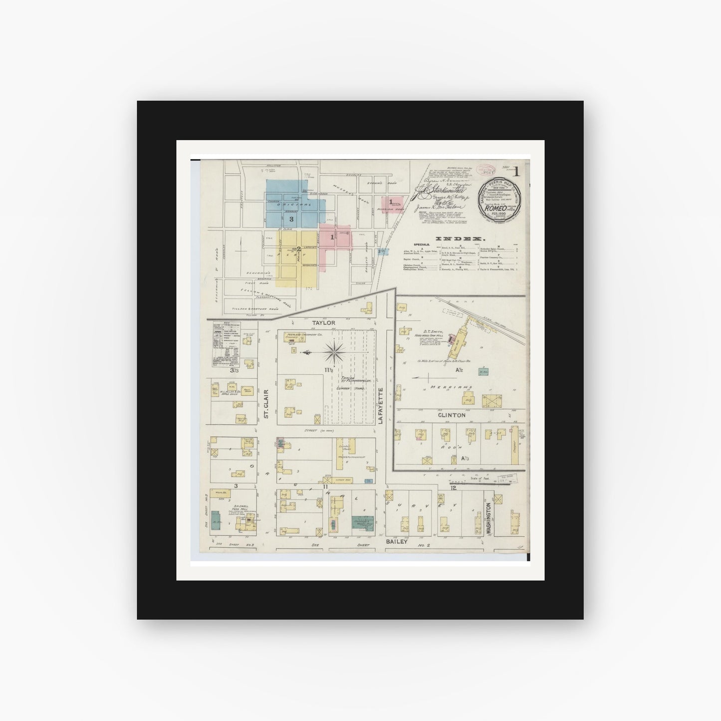 Old map wall art mockup β black gallery frame with white mat β Sanborn Fire Insurance Map from Romeo, Macomb County, Michigan (1890) - Complete Map Set