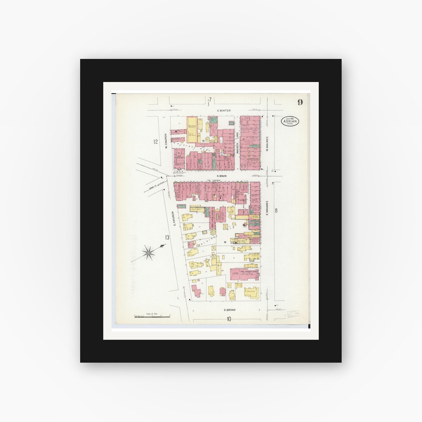 Old map wall art mockup — black gallery frame with white mat — Sanborn Fire Insurance Map from Adrian, Lenawee County, Michigan (1908), Sheet #0009