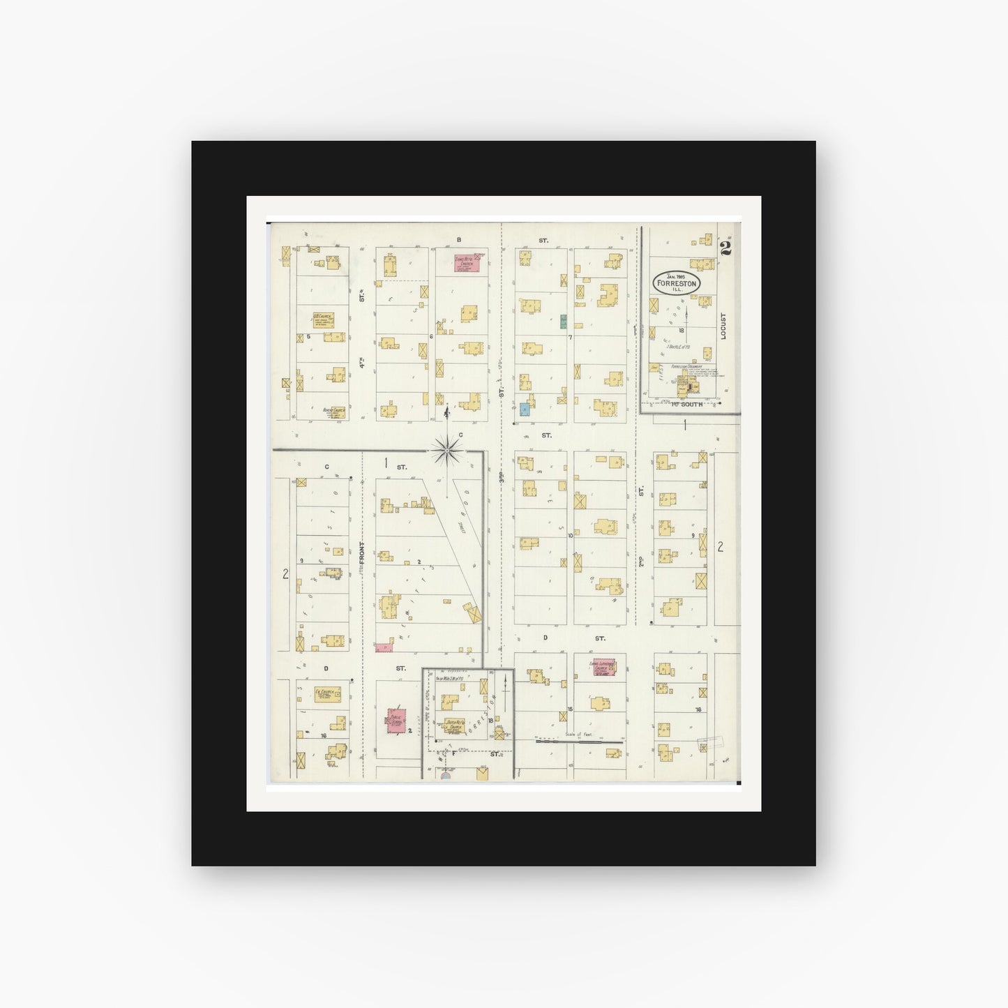 Old map wall art mockup — black gallery frame with white mat — Sanborn Fire Insurance Map from Forreston, Ogle County, Illinois (1905), Sheet #0002