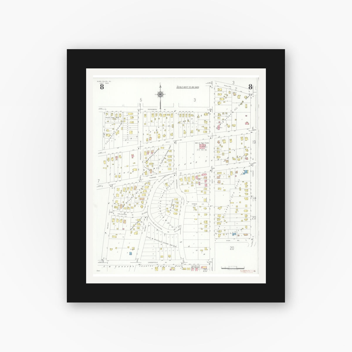 Old map wall art mockup — black gallery frame with white mat — Sanborn Fire Insurance Map from Glen Ellyn, Du Page County, Illinois (1940), Sheet #0008