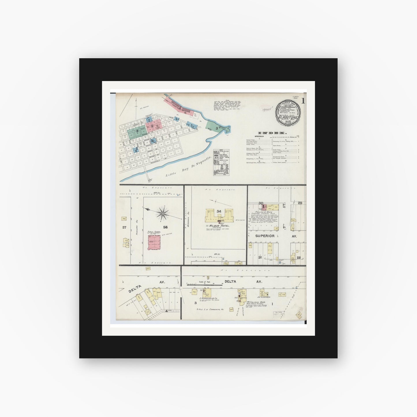 Old map wall art mockup β black gallery frame with white mat β Sanborn Fire Insurance Map from Gladstone, Delta County, Michigan (1890) - Complete Map Set