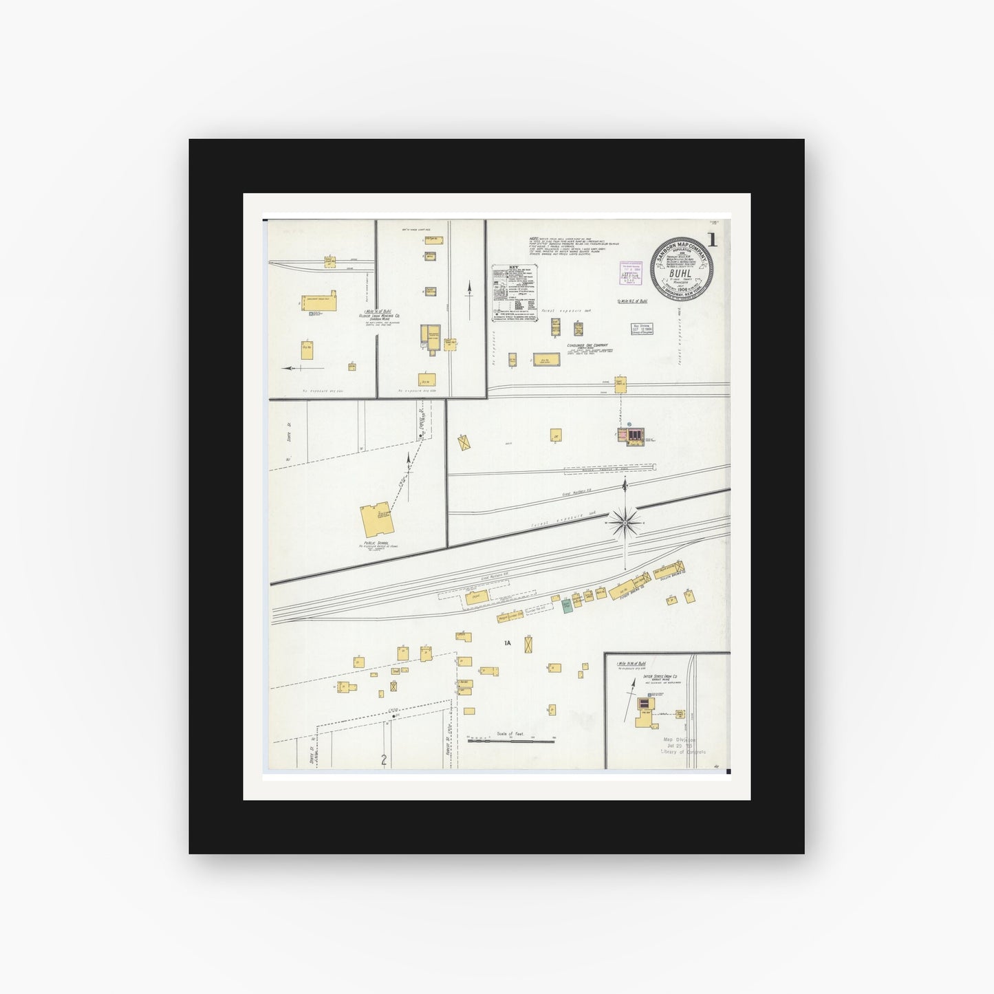 Old map wall art mockup — black gallery frame with white mat — Sanborn Fire Insurance Map from Buhl, Saint Louis County, Minnesota (1904), Sheet #0001