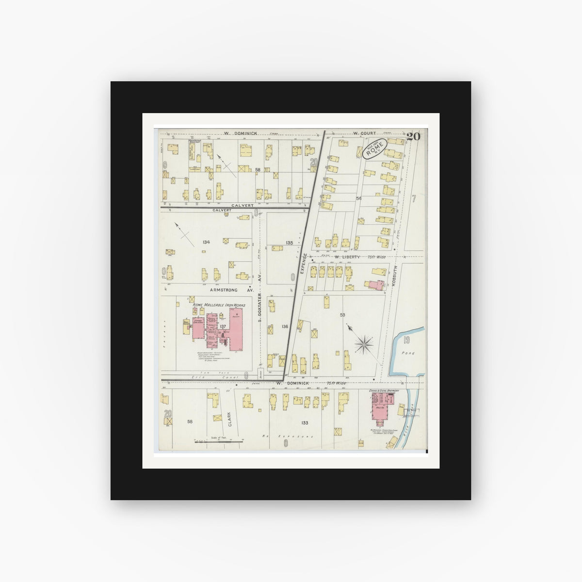 Old map wall art mockup — black gallery frame with white mat — Sanborn Fire Insurance Map from Rome, Oneida County, New York (1894), Sheet #0020