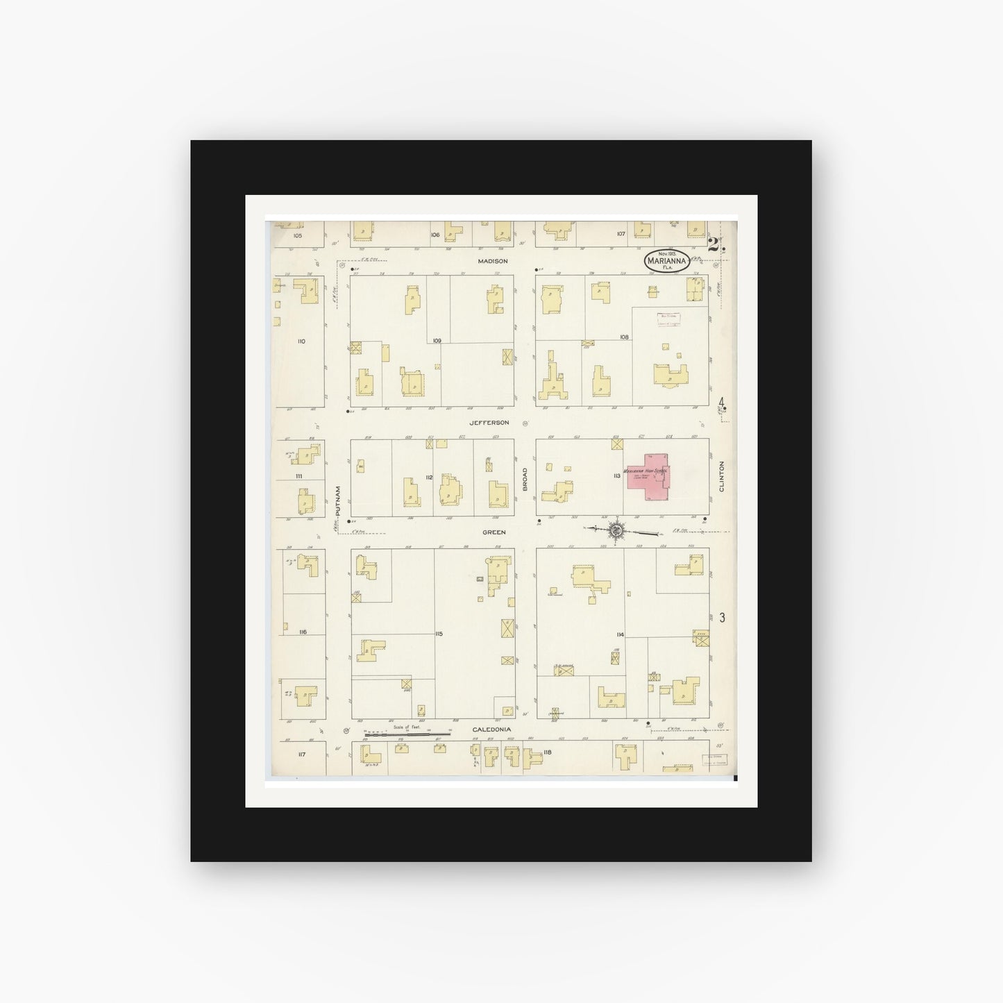 Old map wall art mockup — black gallery frame with white mat — Sanborn Fire Insurance Map from Marianna, Jackson County, Florida (1913), Sheet #0002