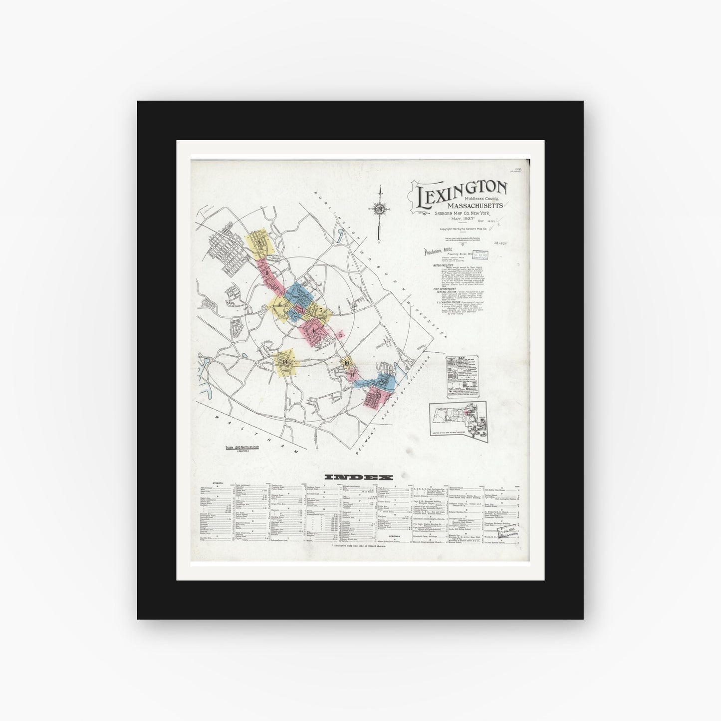 Old map wall art mockup — black gallery frame with white mat — Sanborn Fire Insurance Map from Lexington, Middlesex County, Massachusetts (1927) - Complete Map Set